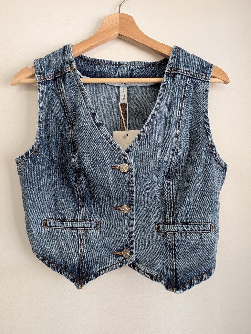 New Y2k Elleven Medium Crop Jean Vest Tailored Blue Cotton Distressed Denim Boho